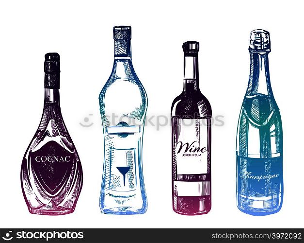 Colorful hand drawn alcohol drinks isolated on white background. Glass of bottle color. Vector illustration. Colorful hand drawn alcohol drinks isolated on white background