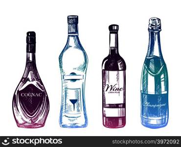 Colorful hand drawn alcohol drinks isolated on white background. Glass of bottle color. Vector illustration. Colorful hand drawn alcohol drinks isolated on white background