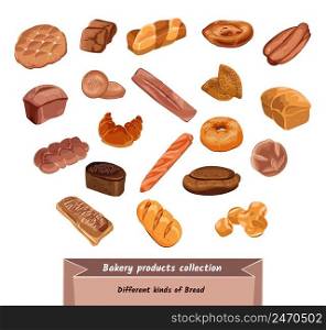 Colorful hand drawn bakery products set with different types of traditional fresh bread isolated vector illustration. Colorful Hand Drawn Bakery Products Set