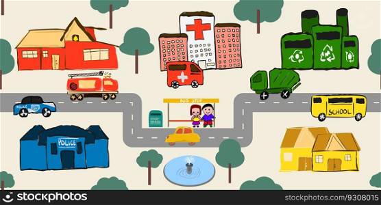 Colorful Hand Drawn City Road Doodles. Seamless Car traffic elements Illustrations and Vector Patterns for Kids Transportation Art and Design. Hand Drawn City Road Doodles Seamless Car Illustrations and Vector Patterns for Kids