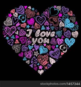 Colorful hand drawn heart with different hearts.Vector illustration.. Colorful Valentine s heart