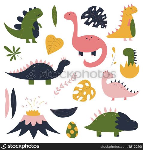Colorful hand drawn set with dinosaur, tropical leaves, volcano, baby dino in egg. Colorful design for kid nursery. Childish Jurassic reptiles characters. Vector illustration. Colorful hand drawn set with dinosaur, tropical leaves, volcano, baby dino in egg. Colorful design for kid nursery.