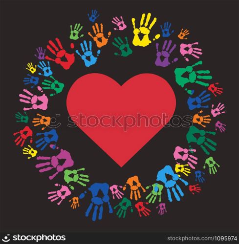 Colorful Hand prints and heart shape vector
