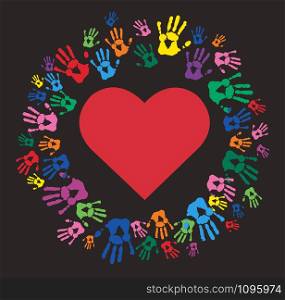 Colorful Hand prints and heart shape vector