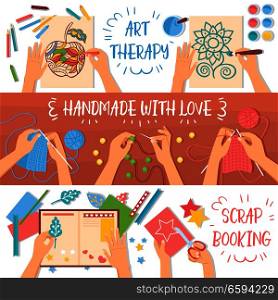 Colorful handmade banners set with creative hobbies for kids flat isolated vector illustration. Handmade Banners Set