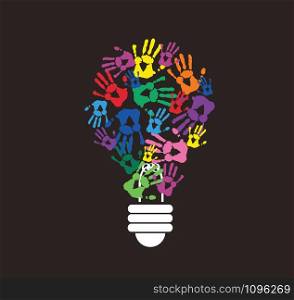 colorful handprint in lightbulb shape , symbol of thinking concept