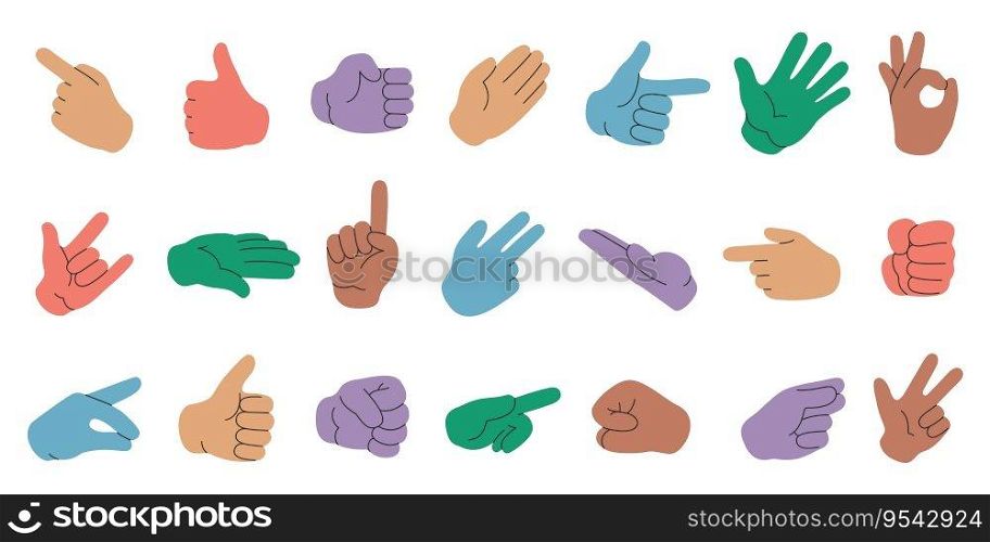 Colorful hands collection. Human arm and hand gestures, people gestures with fingers, point, shake, fist and hand sign. Vector flat set. Body language, showing different communicative symbols. Colorful hands collection. Human arm and hand gestures, people gestures with fingers, point, shake, fist and hand sign. Vector flat set
