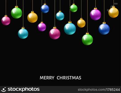 Colorful hanging Christmas balls isolated on black background. Xmas realistic baubles. Vector holyday decorations.