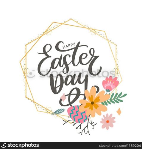 Colorful Happy Easter greeting card with flowers eggs and rabbit elements composition. EPS10 vector file organized in layers for easy editing. Colorful Happy Easter greeting card with flowers eggs and rabbit elements composition. EPS10 vector file organized in layers for easy editing.
