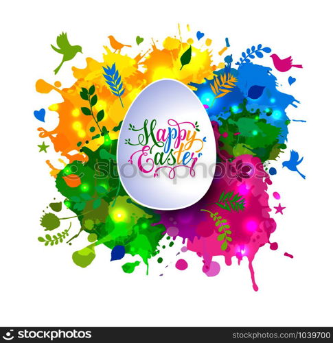 Colorful Happy Easter greeting card with spring elements composition.. Colorful Happy Easter greeting card with spring elements composition. Colorful hand drawn blots.