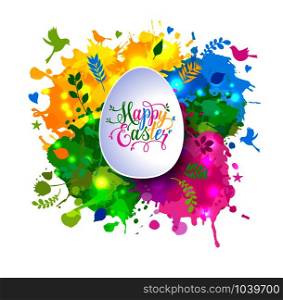 Colorful Happy Easter greeting card with spring elements composition.. Colorful Happy Easter greeting card with spring elements composition. Colorful hand drawn blots.
