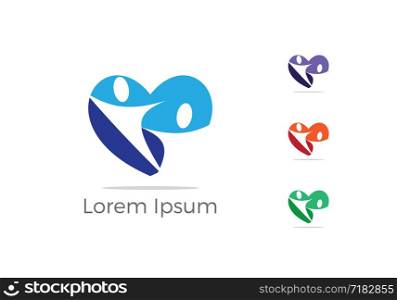 Colorful Happy health care kid in heart shape vector logo icon, daycare center, charity support poor orphan illustration.