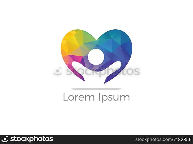 Colorful Happy health care kid in heart shape vector logo icon, daycare center, charity support poor orphan illustration.