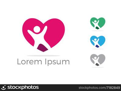 Colorful Happy health care kid in heart shape vector logo icon, fitness and body care center, charity support poor orphan illustration.