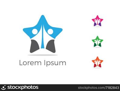 Colorful Happy health care kid in star shape vector logo icon, fitness and body care center, charity support poor orphan illustration. winner and victory symbol.