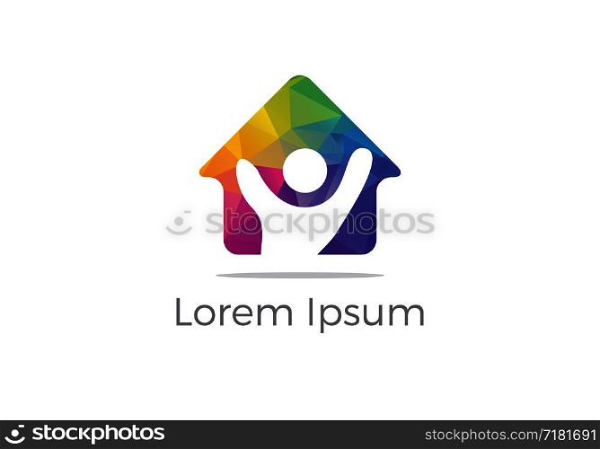 Colorful Happy home real estate vector logo icon, apartment for students, charity support poor orphanage house logo.