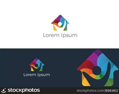 Colorful Happy home real estate vector logo icon, apartment for students, charity support poor orphanage house logo.