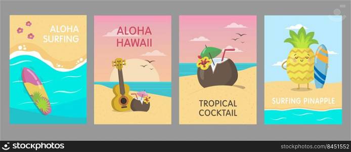 Colorful Hawaiian posters design with sea beach. Vivid bright tropical elements and fruit characters. Hawaii vacation and summer concept. Template for promotional leaflet or flyer