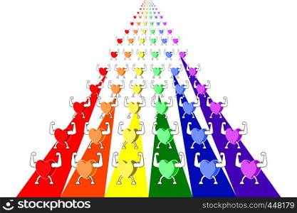 Colorful healthy hearts marching and parading in rows on rainbow striped lanes. Concepts of LGBT / LGBTQ parade, sports day, exercise make heart healthy and stronger, etc. Vector illustration, EPS10.