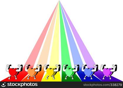 Colorful healthy hearts showing strength on rainbow striped background. LGBT colors. Concepts of support LGBTQ, sports day, colorful valentines, exercise make heart healthy, etc. Vector illustration.