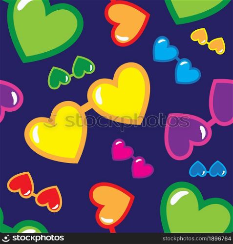 Colorful heart shape sunglasses on blue background seamless pattern. Vector illustration.