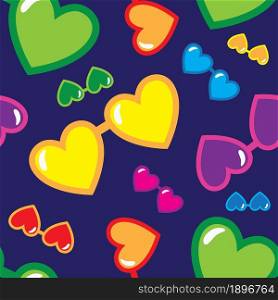 Colorful heart shape sunglasses on blue background seamless pattern. Vector illustration.