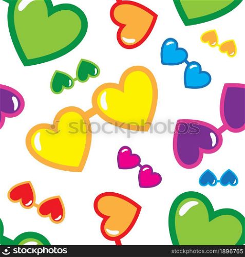 Colorful heart shape sunglasses on white background seamless pattern. Vector illustration.