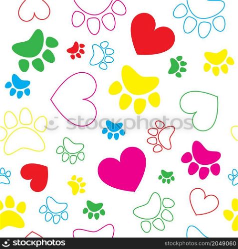 Colorful hearts and animal paws, cat, dog track seamless pattern. Vector illustration.