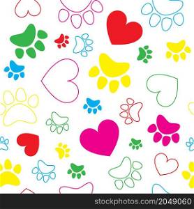 Colorful hearts and animal paws, cat, dog track seamless pattern. Vector illustration.