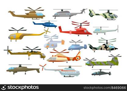 Colorful helicopters cartoon illustration set. Different military, medical, police helicopters, copters, windmills or choppers on white background. Aviation, air transportation, flight concept