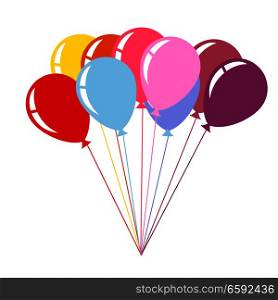 Colorful helium balloons isolated on white background. Cartoon entertaining elements flying in the air. Vector illustration of big bale of balloons in flat style design of blue, red and pink color. Colorful Air Balloons Isolated on White Background