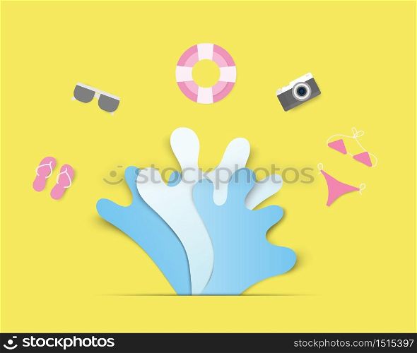 Colorful hello summer concept with splash water and decoration in paper cut style. Digital craft paper art summer season. slippers, swim ring, sun glass, bikini, camera.