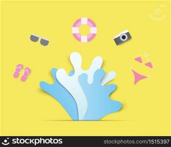 Colorful hello summer concept with splash water and decoration in paper cut style. Digital craft paper art summer season. slippers, swim ring, sun glass, bikini, camera.