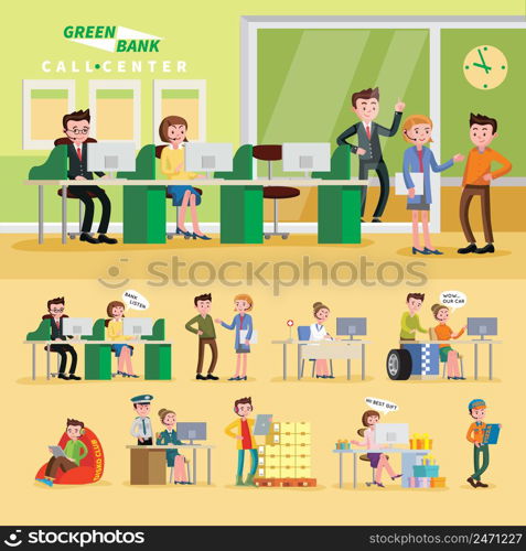 Colorful helpline composition with operators of bank police shop event car repair and medical online services vector illustration. Colorful Helpline Composition