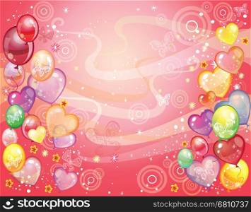 Colorful holiday background with balloons, confetti and butterfly. Vector