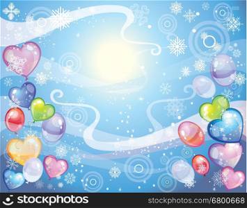 Colorful holiday background with snowflakes and balloons and confetti. Vector
