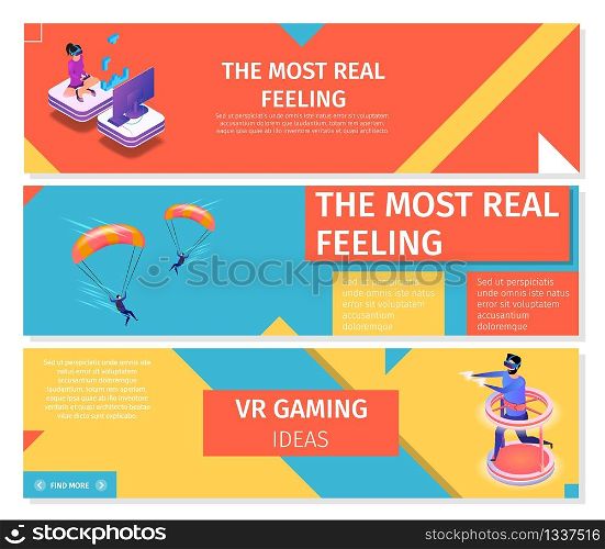 Colorful Horizontal Banner Set with Copy Space. People Playing Virtual and Augmented Reality Games, Extreme Skydiver Sport, Men Flying with Parachute. Paraglyding 3D Flat Vector Isometric Illustration. Horizontal Banners Set about Gaming and Skydiving