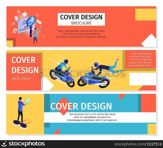 Colorful Horizontal Banners Set with Copy Space. Man Watching Through Magnifier on Employee Profile, Men Extreme Motocycles Riding, Guy Going on Hoverboard. 3D Flat Vector Isometric Illustration.. Colorful Horizontal Banners Set with Copy Space.