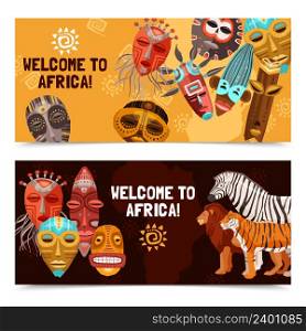 Colorful horizontal banners with african ethnic tribal ritual masks and wild animals isolated on white background vector illustration. African Ethnic Tribal Masks Banners