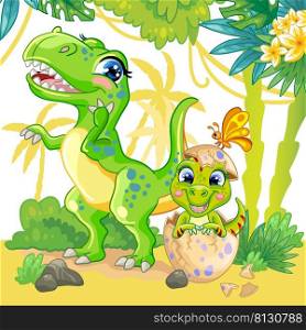 Colorful horizontal illustration with cute tyrannosaurus dinosaurs in nature. Children cartoon background. Vector illustration. For print, design, advertising, cards, stationery, t-shirt, textiles.. Illustration with cute tyrannosaurus dinosaurs in nature vector