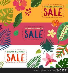 Colorful horizontal summer and spring sale banners set with tropical plants flat isolated vector illustration. Tropical Plants Banners Set