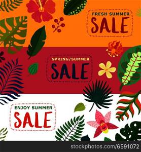 Colorful horizontal summer and spring sale banners set with tropical plants flat isolated vector illustration. Tropical Plants Banners Set