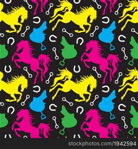 Colorful horse, saddle and horseshoe silhouette seamless pattern. Vector illustration.