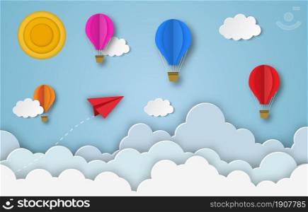 colorful hot air balloons and red paper airplane flying in the air with blue cloudy sky background. Paper cut poster template with air balloons. flyers, banners, posters and templates design.. colorful hot air balloons flying