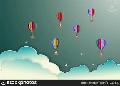 Colorful hot air balloons floating on the sky,paper art style,vector illustration