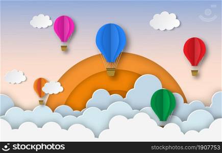 colorful hot air balloons flying in the air with blue cloudy sky background with beautiful sunset. Paper cut poster template with air balloons. flyers, banners, posters and templates design.. colorful hot air balloons flying