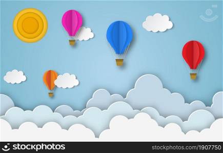colorful hot air balloons flying in the air with blue cloudy sky background. Paper cut poster template with air balloons. flyers, banners, posters and templates design.. colorful hot air balloons flying