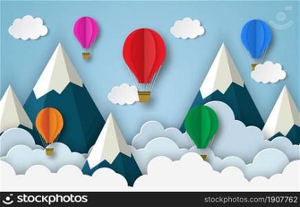 colorful hot air balloons flying in the air with blue cloudy sky background. Paper cut poster template with air balloons. flyers, banners, posters and templates design.. colorful hot air balloons flying