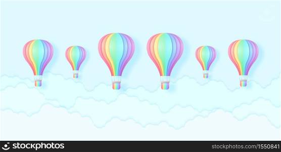 Colorful hot air balloons flying in the blue sky, Rainbow color, paper art style