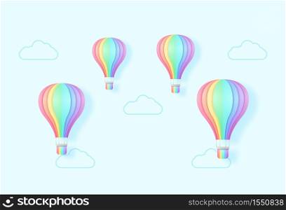 Colorful hot air balloons flying in the sky, Rainbow color, paper art style